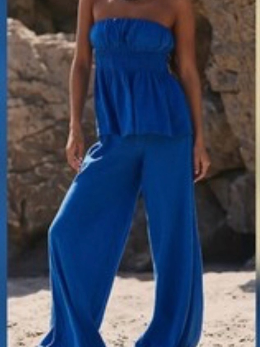 Free People Royal Blue Strapless Wide-Leg Jumpsuit
